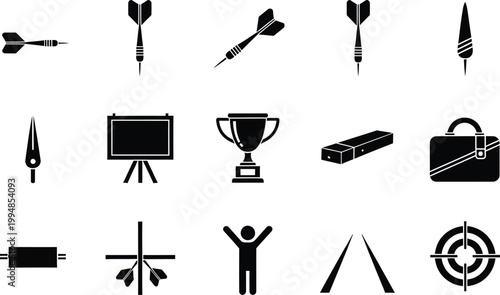 Collection of business and strategy icons including darts, a trophy, and a target on white background.