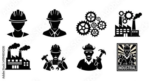 Industrial symbols and icons collection featuring workers factory silhouettes gears and professional characters.
