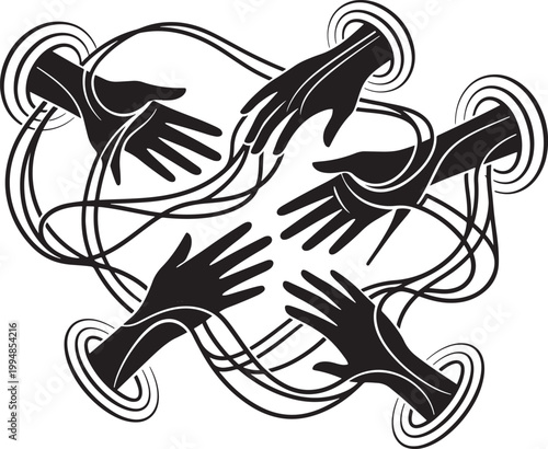 Abstract illustration of interconnected hands emerging from portals