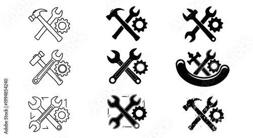 Crossed tools logo design set with hammer wrench and gear icons representing repair service and maintenance.