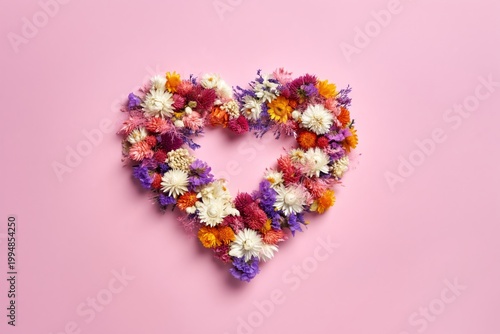 Colorful Flower Heart Arrangement on a Pink Background