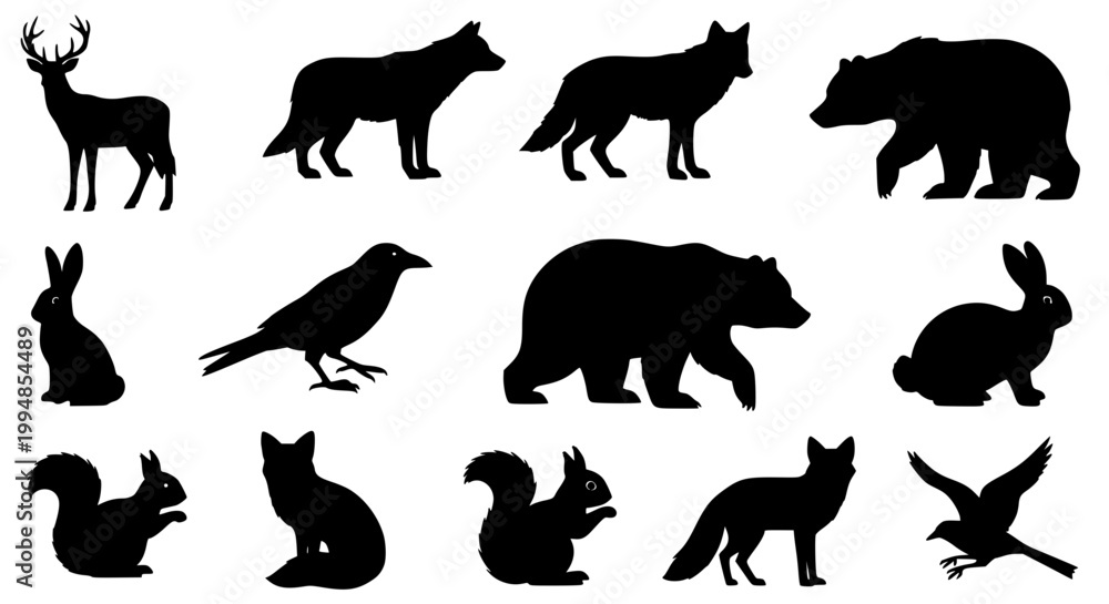 Obraz premium Black and white animal icons set featuring forest creatures