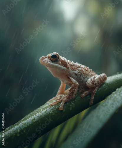 Small tree frog sitting on wet leaf in rain. Macro wildlife close up with soft natural background and shallow depth of field
