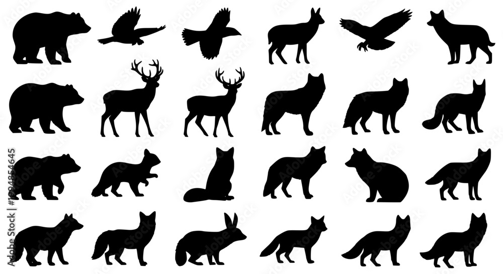 Obraz premium Black and white silhouette animals vector illustration set