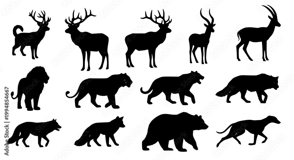 Naklejka premium Black and white silhouette animals vector illustration set
