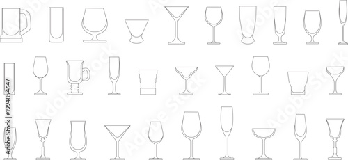 Alcoholic beverage glassware outline set. Collection of thin line icons for wine, cocktail, beer, martini, champagne, and liqueur glasses on white.
