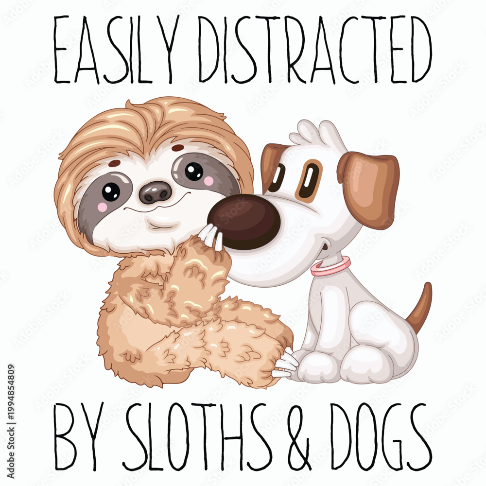 Fototapeta premium Cute Sloth and Dog Best Friends Front View Vector Illustration for POD Merch