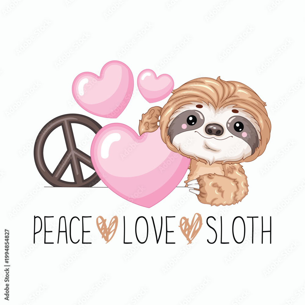 Fototapeta premium Peace Love Sloth Character Concept Front View Vector Illustration for POD Merch
