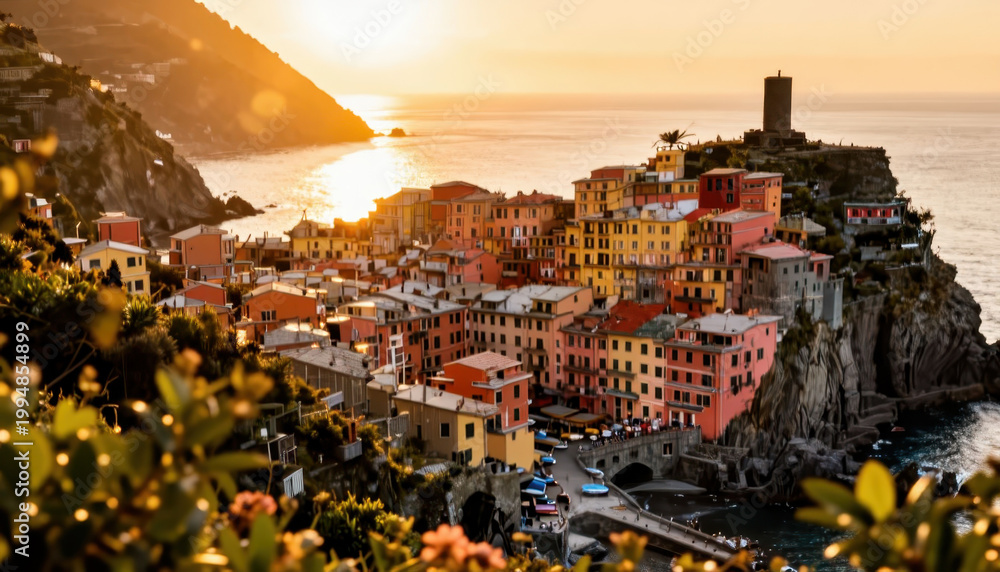 Fototapeta premium a coastal village with colorful buildings. The sunset casts a warm glow over the village, enhancing the scenery of the sea and hills.