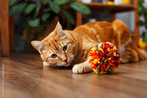 Orange Cat Plays With Colorful Toy Ball on Wooden Floor in Cozy Home Setting ...