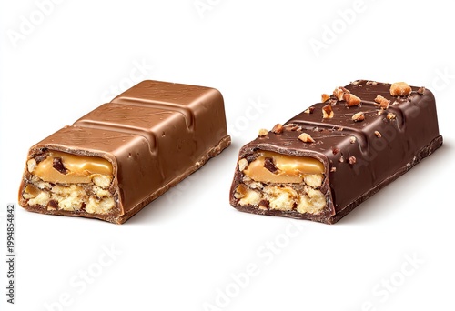 Two chocolate bars, one milk chocolate, one dark, with nuts and caramel