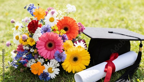 Graduation cap and diploma with a colorful wildflower bouquet on green grass. Academic achievement and commencement celebration concept. Black mortarboard and rolled diploma with red ribbon