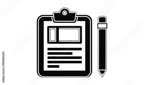 Minimalist black and white illustration of a clipboard with paper and a pen, symbolizing organization and productivity in a professional setting.