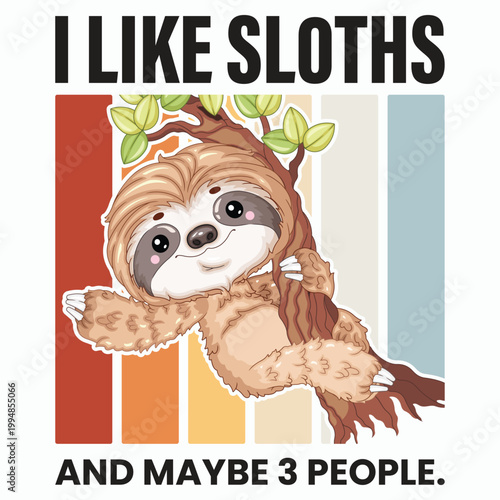 Retro Retro Sloth Climbing Tree Front View Vector Illustration for POD Merch