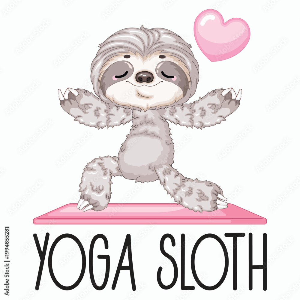 Fototapeta premium Cartoon Yoga Sloth on Mat Front View Vector Illustration for POD Merch