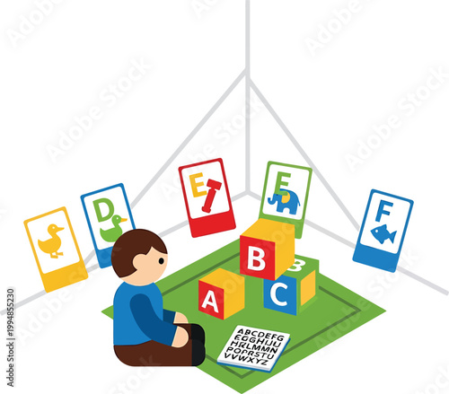 Alphabet Classroom Learning Scene Flat Vector Illustration Set
