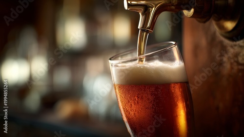 Close up golden amber beer pouring smoothly from a traditional metal tap into a clear glass pint causing refreshing white foam to rise up inside the chilled drinking vessel,  night bar, evening pub