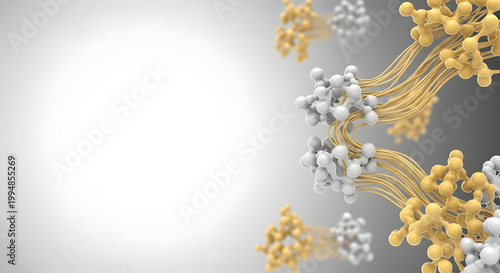 A vector graphic illustration of molecular structures in yellow and white on a gray background