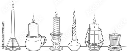 Set of candle vector line, illustrations of various candles in holders and glass jars, cozy home decor elements, black and white sketch.