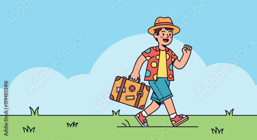 Happy traveler walking with suitcase on sunny day vacation journey concept