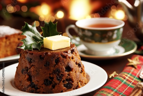 Christmas Pudding With Butter and Tea During Holiday Gathering in Cozy Setting