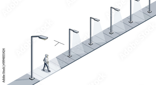Modern Isometric City Illustration of a Lone Pedestrian Walking on a Pavement with Glowing Streetlights