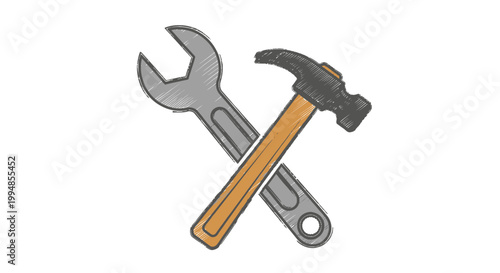 Crossed wrench and hammer icon, industrial tools, labor symbol, construction equipment, mechanical instruments graphic.