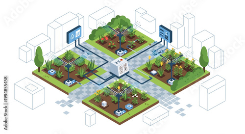 Isometric Smart Urban Garden with Automated Irrigation and IoT Sensors for Sustainable City Farming