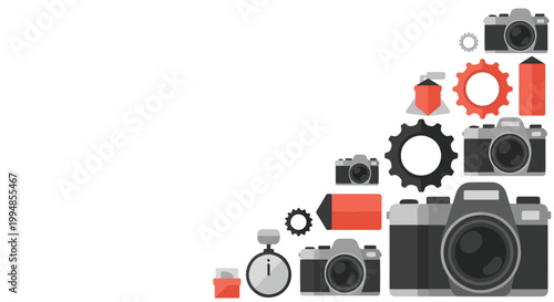 This flat vector design showcases various camera icons, gears, and timers organized into a geometric shape against a minimalist white backdrop.