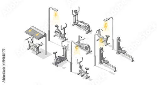 Isometric Illustration of Sustainable Gym Equipment Generating Renewable Energy for Eco-Friendly Power and Fitness Concepts