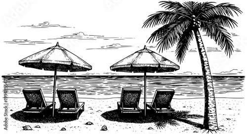 Two beach umbrellas and lounge chairs under palm trees by the ocean