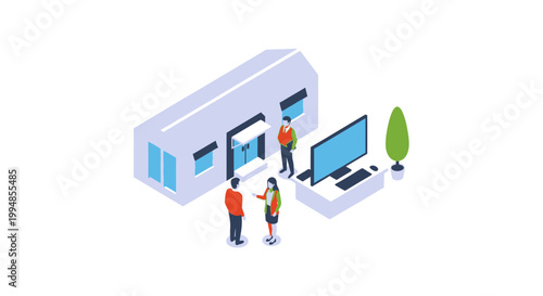 Isometric Real Estate and Business Office Concept Illustration with People, Building and Computer