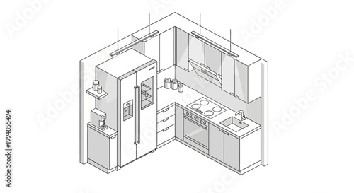 Modern Isometric Kitchen Interior Design Line Art Illustration Featuring Refrigerator, Oven, and Cabinets for Home Renovation and Planning