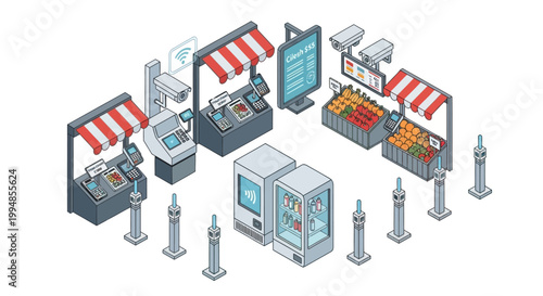Modern Automated Smart Market Isometric Illustration with Contactless Payment Terminals and Digital Retail Technology