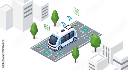 Isometric Illustration of an Autonomous Shuttle in a Smart City with Wireless Connectivity and Modern Urban Infrastructure
