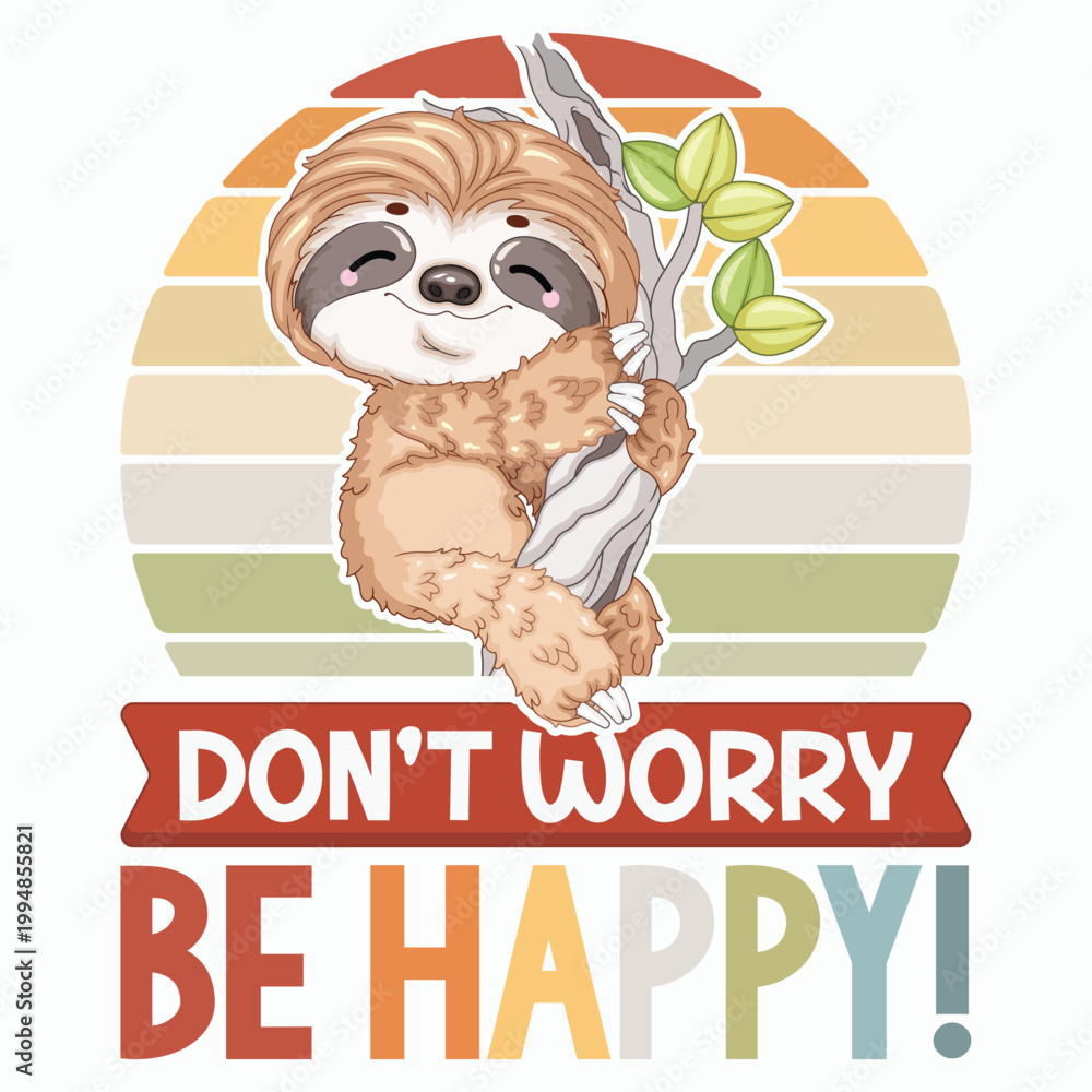 Fototapeta premium Retro Sloth Hugging Branch Front View Vector Illustration for T-Shirt
