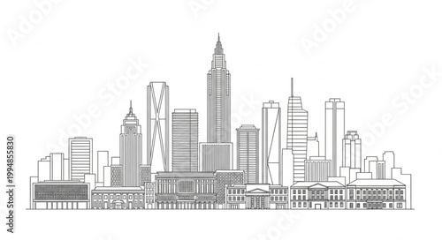 Modern City Skyline Illustration with Skyscrapers and Urban Structures.