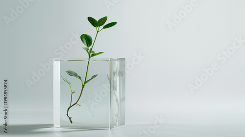 Single plant growing inside transparent cube in minimalist style with soft tones representing purity and growth