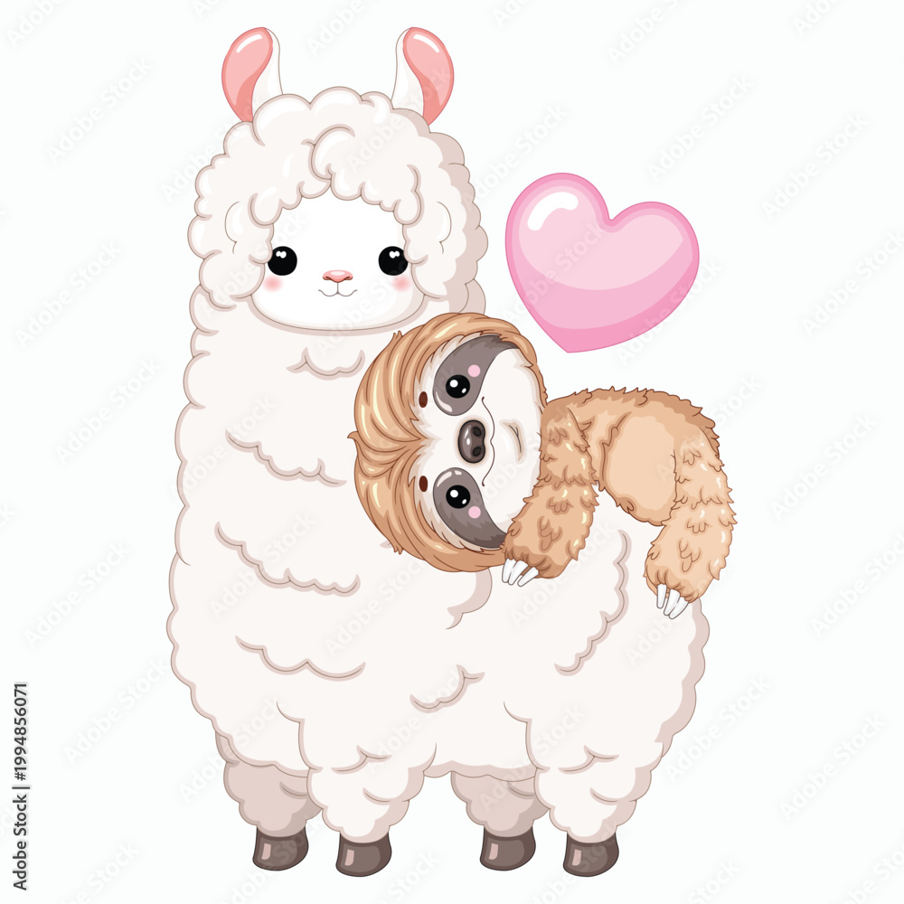 Fototapeta premium Cute Cartoon Llama and Sloth Hugging Front View Vector Illustration