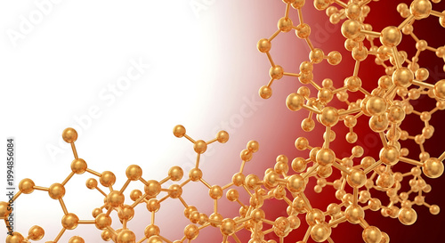 A molecular structure illustration with golden atoms and bonds on a red and white gradient background