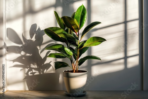 Bright Indoor Plant Casts Shadow on Wall During Afternoon Sunlight in Cozy Room