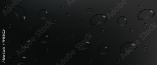 Condensation water drops on black glass background. Rain droplets with light reflection on dark window surface, abstract wet texture, scattered pure aqua blobs pattern Realistic 3d vector illustration