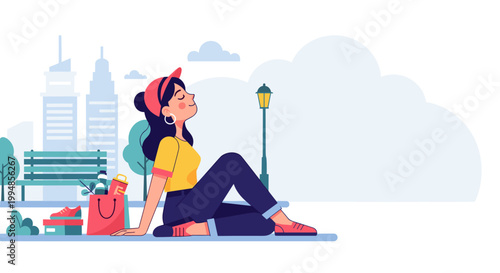 Young woman resting in city park after shopping enjoying peaceful moment