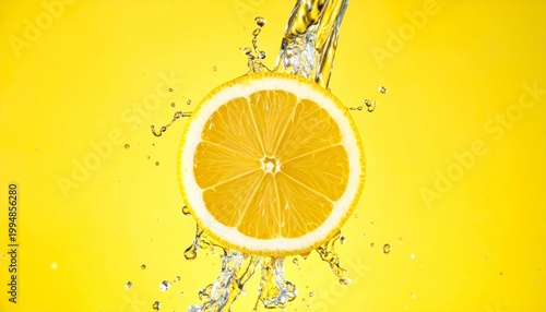 Fresh lemon slice with dynamic water splash on a bright yellow background, refreshing citrus fruit concept