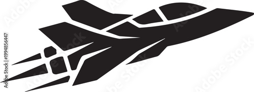 Abstract fighter jet silhouette flying with speed trails and geometric fragments.