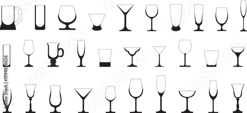 Modern drinkware silhouette and outline icons. Elegant glass shapes for wine, cocktails, spirits, and beer for bar menu and restaurant branding.