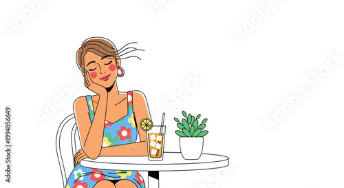 Woman enjoying fresh drink at cafe relaxing summer lifestyle moment