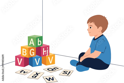 Alphabet Classroom Learning Scene Flat Vector Illustration Set
