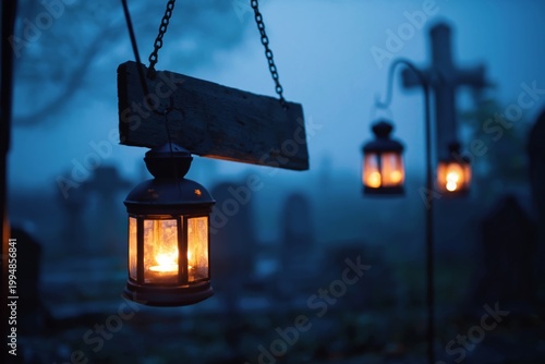 Hanging Lanterns Glow in a Foggy Graveyard at Night Near Ancient Tombstones
