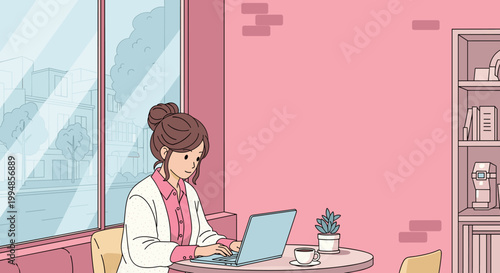 Young woman working on laptop in cafe cozy workspace lifestyle